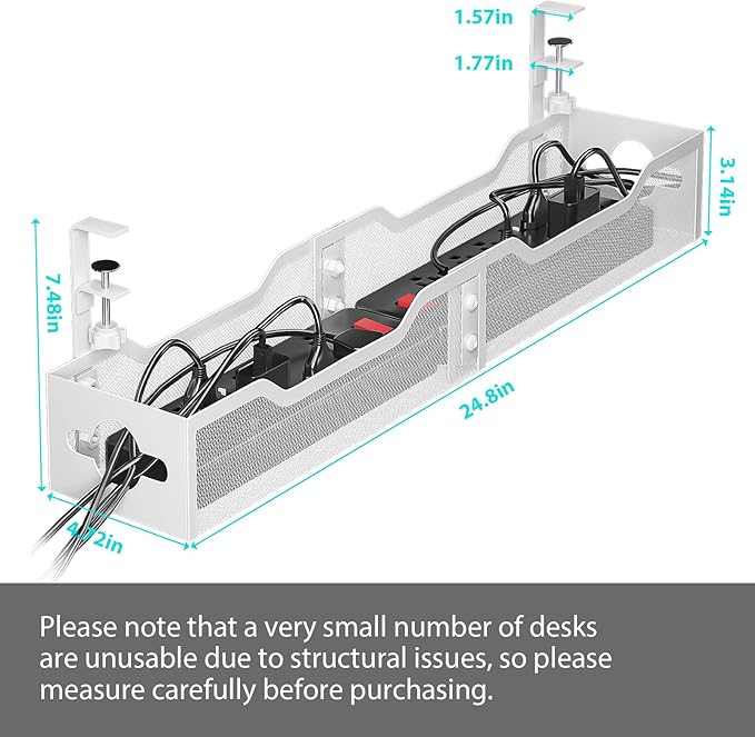 Under Desk Cable Management Tray 24.8", Quszmd Cable Organizer No Drill, Standing Cord Organizer and Wire Management Tray - No Damage to Desk, White