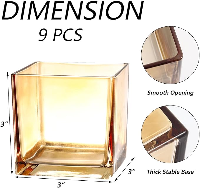 MARTAGE Square Flower Vases Set of 9, 3"x 3"x 3" Glass Vases for Centerpieces, Amber Vase for Flowers, Small Vase for Wedding, Party, Home Office Decoration