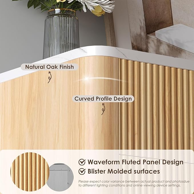 Fluted 5 Drawers Dresser for Bedroom, 47" Tall Handleless Chest of Drawers with Faux Marble Top, Curved Profile Design, Wood Drawer Organizerfor forLiving Room, Hallway, Entryway, Natural Oak