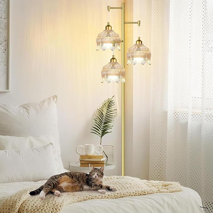 ILLMTW Gold Floor Lamp for Living Room,Bedroom,Mid Century Modern Standing Lamp Brass Tree 3 Light Tall Floor Lamps Vintage Retro Floor Lights Glass Amber Flower Lamp Shade Farmhouse Boho Bohemian