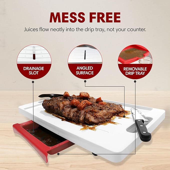 XL Meal Prep System Cutting Board - Large Cutting Board with Juice Groove, Spikes, Drip Tray & Removable Surface - Carving Board - BBQ Essential & Kitchen Gifts - BPA Free Cutting Board - Red