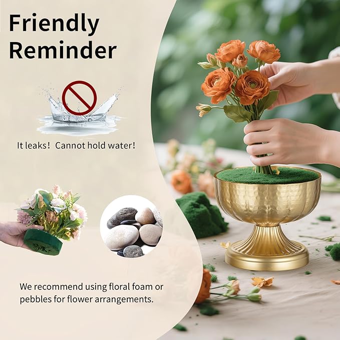 NUPTIO Gold Vases for Centerpieces Wedding: Hammered Brass Compote Vases for Small Flowers Arrangements - Metal Pedestal Bowl for Table Home Decor Set of 2