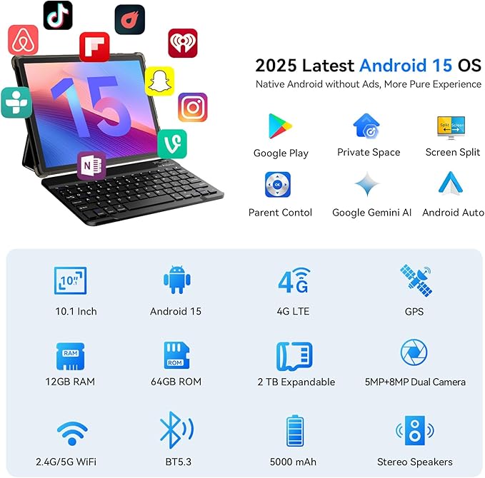 Topsand Android Tablet 10 inch, Android 15 Tablet with Keyboard, Mouse, 4G LTE Cellular, IPS Display, MediaTek Octa Core Processor, 12GB+64GB, 2TB Expandable,5G Wi-Fi, GPS, 2-in-1 Tablets with Case