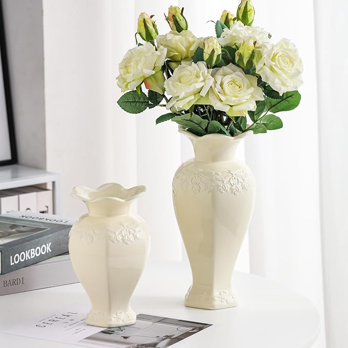 Relievo Elegant White Cream 8in 11in Ceramic Flower Tall Aesthetic Beige Table Tulip Wide Mouth Rose Filler Decorative Rustic Vase Decor for Home (Cream Vase, M)