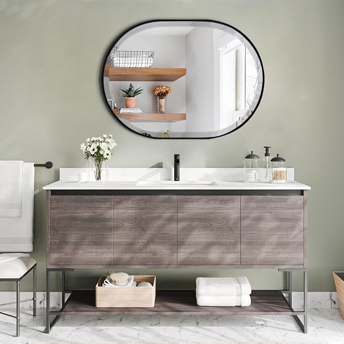 POZINO Oval Beveled Mirror, 22"x30" Bathroom Vanity Mirror Over Sink, Pill Shaped Capsule Wall Mounted Mirrors, Modern Oblong Mirrors for Living Room Bedroom Entryway, Hangs Vertically or Horizontally