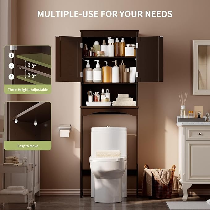Gizoon Over the Toilet Storage Cabinet with Adjustable Shelf and Double Doors, Bathroom Space Saver Organizer Above Toilet with Open Shelf, Taller Wooden Free Standing Toilet Rack -Espresso