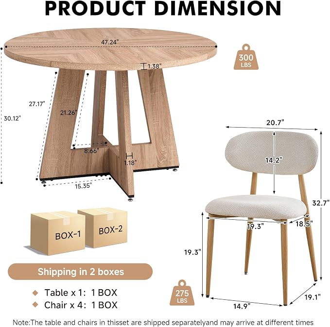 47" Round Dining Table Set with 4 Modern Chairs for Dining Room, Kitchen
