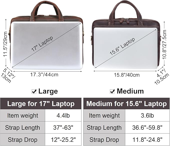 Masa Kawa Leather Briefcase for Men 15.6", 17" Laptop Computer Case Business Travel Work Messenger Cross Body Shoulder Bag