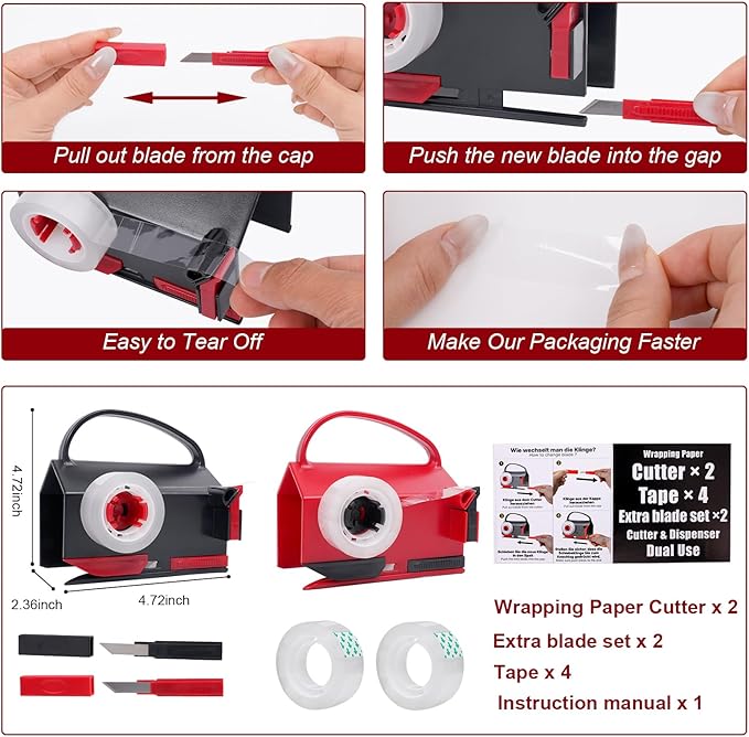 2-in-1 Wrapping Paper Cutter & Tape Dispenser, Christmas Gift Wrap Cutter Tool with 4 Tapes & Replaceable Blades, Fast Straight Cutting Tool for Holiday & Birthday Wrapping Kits