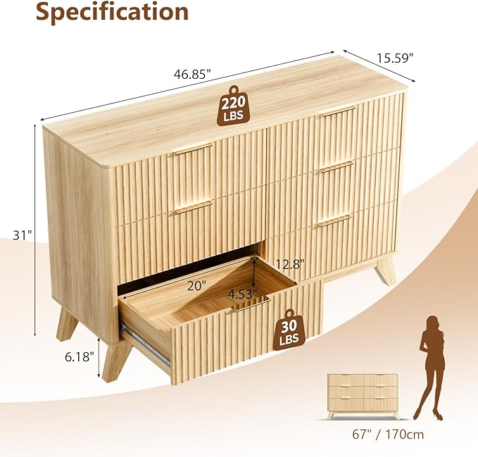 VINGLI Fluted Dresser for Bedroom, Wood Dresser 6 Drawer with Rounded Edges, Mid Century Modern Dressers Natural Wood Color, 46.8" W*15.6" D*31" H