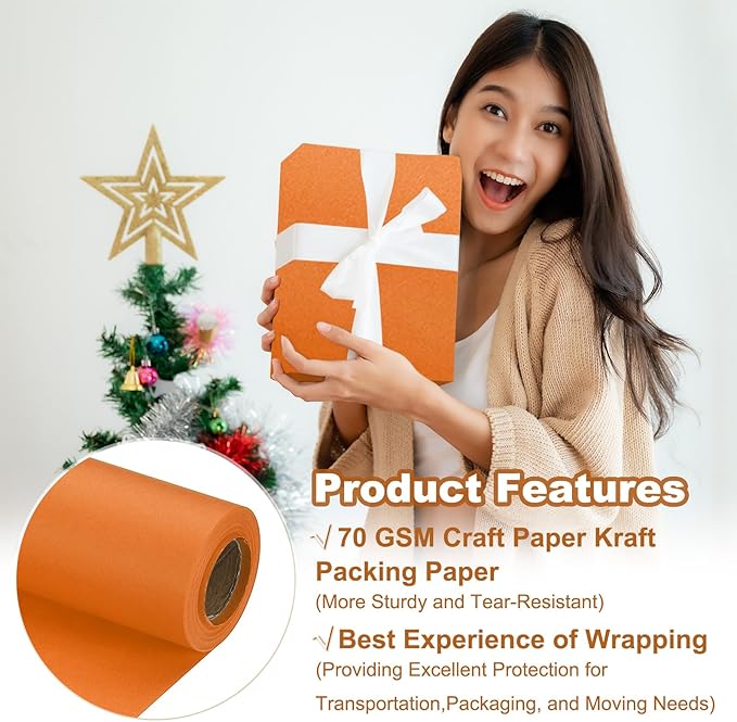 PATIKIL Wrapping Paper, 12" x 394"(33') 70 GSM Craft Paper Roll Kraft Packing Paper for Poster Bulletin Board, Gift Wrapping, Orange