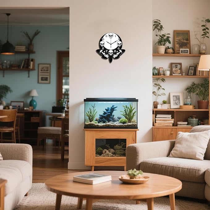 Skull Wall Clock Irregular Shape Decorative Wall Clock Moth Moon Non-Ticking Clock for Home Office Decoration, 13.54×12.99 inch