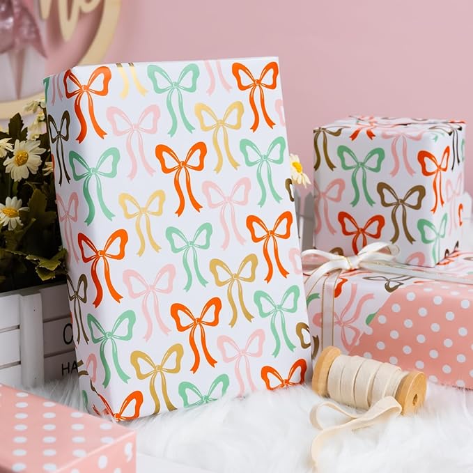 Burymento Bow Wrapping Paper Roll, Reversible Dot Design Gift Wrap for Birthday, Valentines, Mothers day, Graduation, Wedding, Fathers day, Baby Shower, Christmas (17 IN x 32.8 FT)
