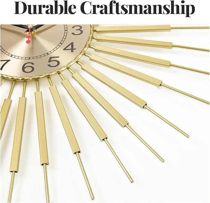 Cuspin 24 Inch Gold Wall Clock, Large Sunburst Mid Century Modern Clocks for Living Room Decor, Silent Non Ticking Battery Operated Decorative Wall Clock for Bedroom, Kitchen, Office