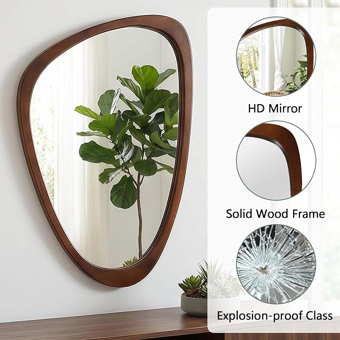 20x30 Inch Asymmetrical Wall Mirror Wood,Rustic Irregular Shaped Vanity Mirror for Bathroom,Bedroom, Living Room, Entryway, Fireplace,Wall Decor,Solid Wooden Frame (Dark Walnut, 20"x30" Inch)