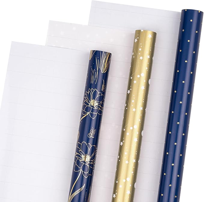 LeZakaa Floral Wrapping Paper Roll, Luxury Metallic Gift Wrap with Floral, Stars & Polka Dot Design for Mothers Day, Wedding, Bridal Shower, Birthday, Anniversary, 17 x 120 inches, 3 Rolls, Mini Roll