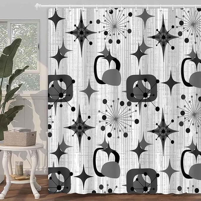 Mid Century Shower Curtain, 72x72inch, Modern Abstract Retro Grey Striped Geometric Shower Curtain Sets 1950s Boho Bathroom Shower Curtain with 12 Hooks