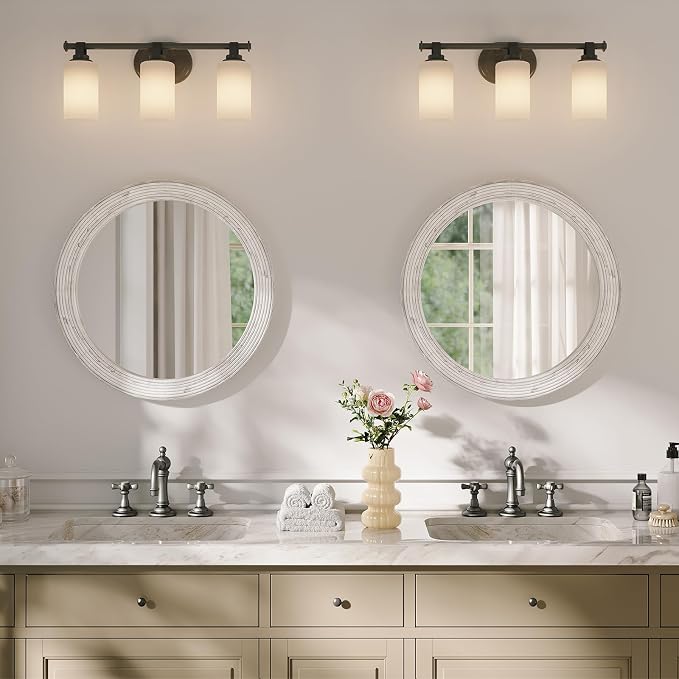 ULIKE Round Mirror for Bathroom 24x 24 Inch, Farmhouse Rustic Wood Frame Wall Mirror, White Vanity Circle Mirror for Bedroom Living Room Entryway Decor