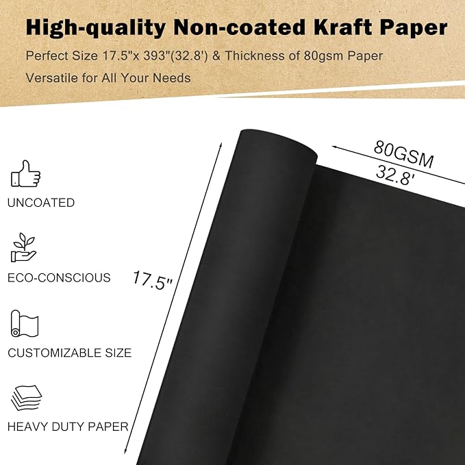 RUSPEPA Black Kraft Wrapping Paper Roll, 17.5"x 393"(32.8'), Recyclable Black Art Gift Wrap Paper for Gift Wrapping, Table Covering, Kids Craft Supplies, Bouquet Flower, Poster Bulletin Board, 80GSM