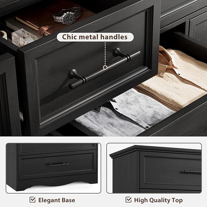 Black Dresser for Bedroom, 10 Drawer Dresser, 59" Wide Chest of Drawers w/Brushed Metal Handle, Wood Dressers TV Stand, Closet Organizers and Storage Cabinet for Bedroom, Living Room, Hallway