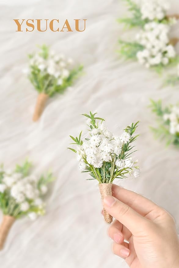 Baby Breath Boutonnieres for Men Wedding,Set of 10, Natural White Groom and Groomsmen Boutonniere with Pin for Rustic Fall Vintage Wedding, Prom and Homecoming