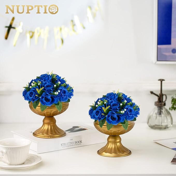 NUPTIO Flower Balls for Wedding Centerpieces - 2 Pcs 9.5 inch Diameter Fake Flower Ball Arrangement Bouquet Party Centerpieces for Tables - Royal Blue Rose Bouquet Centerpiece Flowers for Table