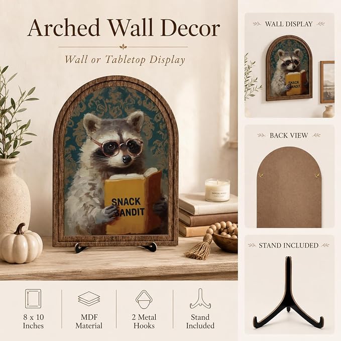 Wooden Tabletop Sign Funny Raccoon Decor for Bookshelf Desk Shelf, Arched Wood Frame Vintage Reading Animal Art, Rustic Home Office Display Accent for Animal Lovers