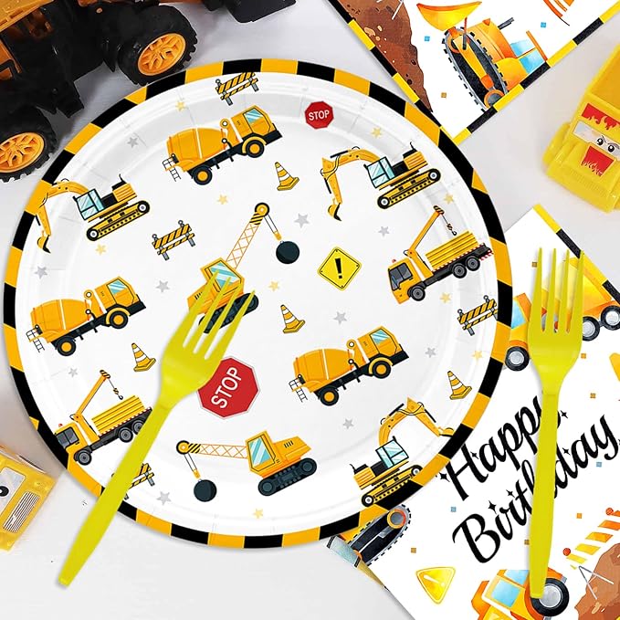 48PCS Construction Party Supplies,Disposable Tableware Include Plates Napkins Forks For 16 Guests,Construction Birthday Party Decorations For kids