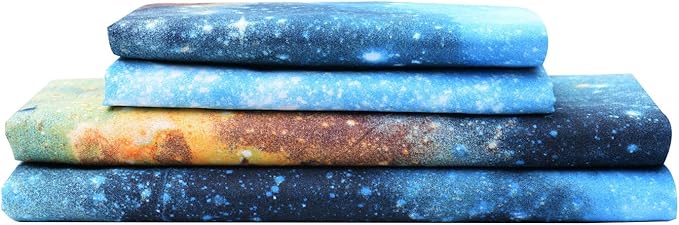 Bedlifes Galaxy Outer Space Sheet Set, Galaxy Themed, 3 pcs Including Flat Sheet, Fitted Sheet, and 1 Pillowcase (Blue Full)