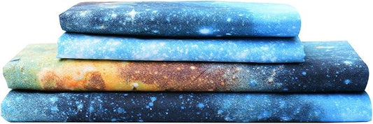 Bedlifes Galaxy Outer Space Sheet Set, Galaxy Themed, 3 pcs Including Flat Sheet, Fitted Sheet, and 1 Pillowcase (Blue Full)