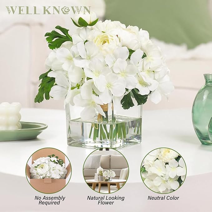 WELL KNOWN Fake Flowers in Vase, Hydrangea Ranunculus Artificial Flowers with Vase, Silk Faux Floral with Faux Water Arrangements Centerpiece for Office Dining Table Home Hotel Wedding Decor (White)