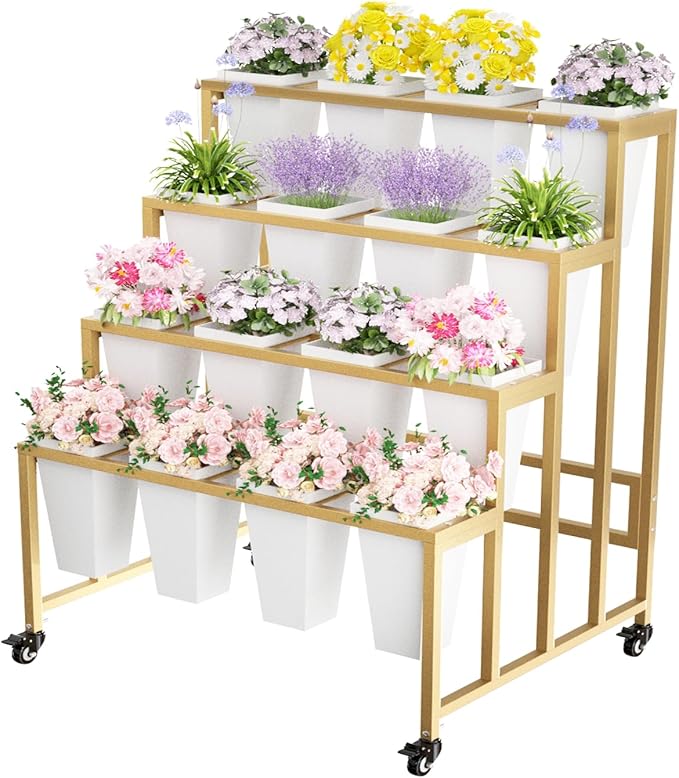 Flower Display Stand with 16 Buckets, 4 Layers Flower Bar, Gold Metal Plant Stand with Wheels, Heavy Duty Flower Cart for Indoor Outdoor Patio Garden Wedding Florist, Gold Metal Frame