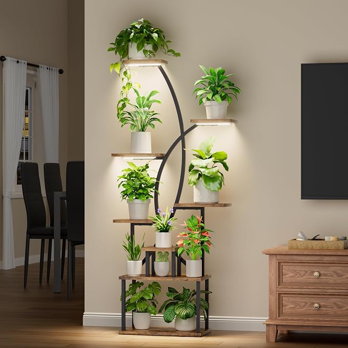 JUSTOGO Plant Stand Indoor with Grow Lights, 8 Tiered Tall Plant Shelf for Indoor Plants Multiple, 65" Large Corner Plant Stands, Metal Flower Holder Display Plant Rack for Living Room, Home, Patio