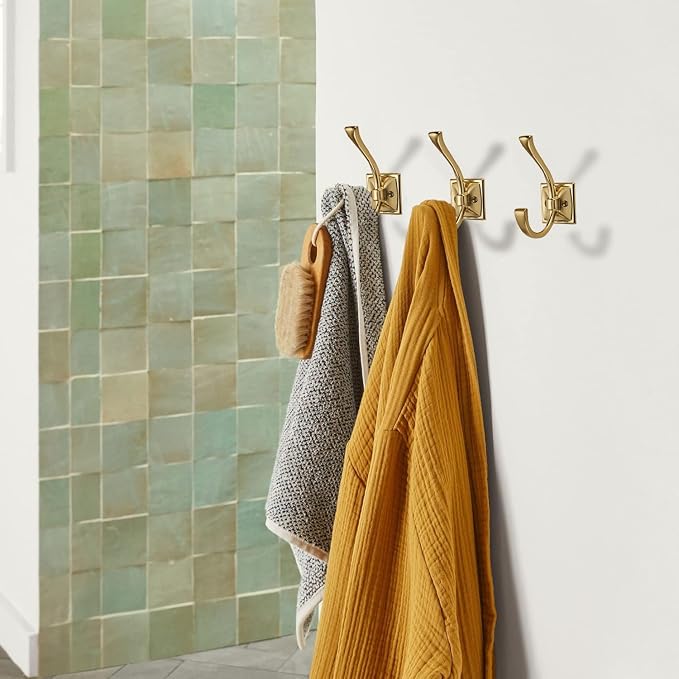 Large Wall Hooks 5 Pack Brushed Gold Coat + Towel Hooks (4.35 Inch Double Robe Hooks) - Mounted with Screws for Key, Towel, Bags, Cup, Hat