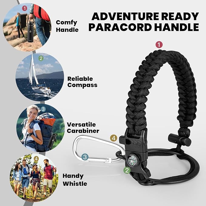 Insulated Water Bottle 40 oz, Triple Wall Vacuum Stainless Steel (Cold for 48 Hrs), Leak Proof & Non-BPA, Modern Water Flask Jug with Paracord Handle & Straw Spout Lids, Magic Black