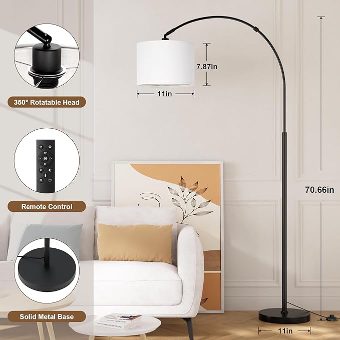 Ambimall Dimmable Arc Floor Lamp with Remote, Color Temperatures and Brightness Adjustable, Arched Floor Lamp with Rotating Head, Over Couch Arched Reading Light for Living Room (White and Black)