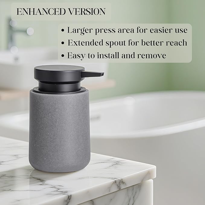 Clasin Home Liquid Soap Dispenser with Easy-to-Press Pump, 10 oz Refillable Hand Soap Dispenser with Extended Spout for Bathroom Kitchen Dish Lotion, Modern Stone Texture (Gray)