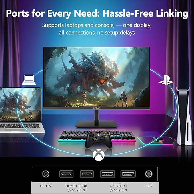 Z-Edge 27-inch 4K Gaming Monitor, 120Hz UHD 3840x2160 IPS Monitor, S274K 1ms MPRT Refresh Rate, 16.7M Colors, HDMI 2.0 x2 and DP 1.4 x 2