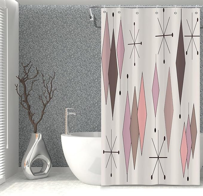 Mid Century Shower Curtain Vintage Abstract Pink Brown Diamond Geometric Atomic Starburst Pattern for 1950s Retro Bathroom Decor Accessories Shower Curtain Set with 12 Hooks, 36x72 Inches