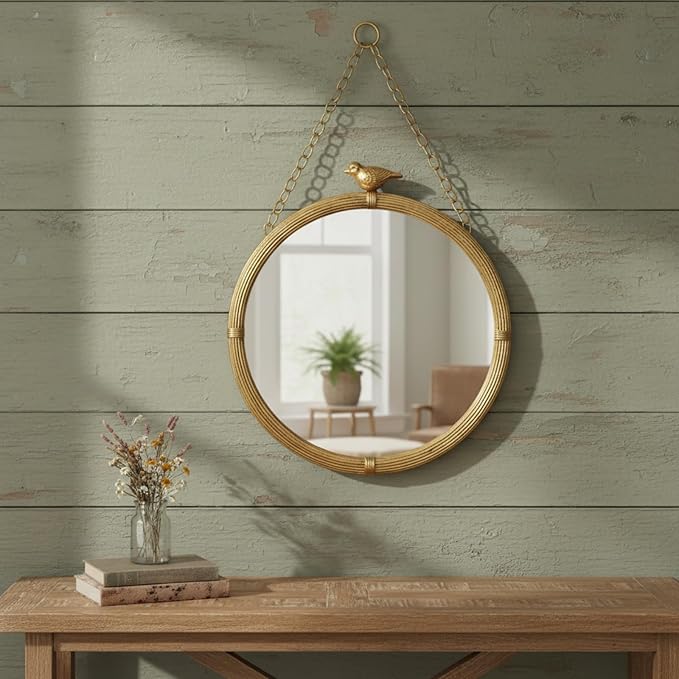 Vercraft Vintage Gold Decorative Wall Mirror with Bird Accent, 20" Large Round Hanging Mirror with Chain, Antique Style Metal Frame Accent Mirrors for Entryway Bedroom Bathroom