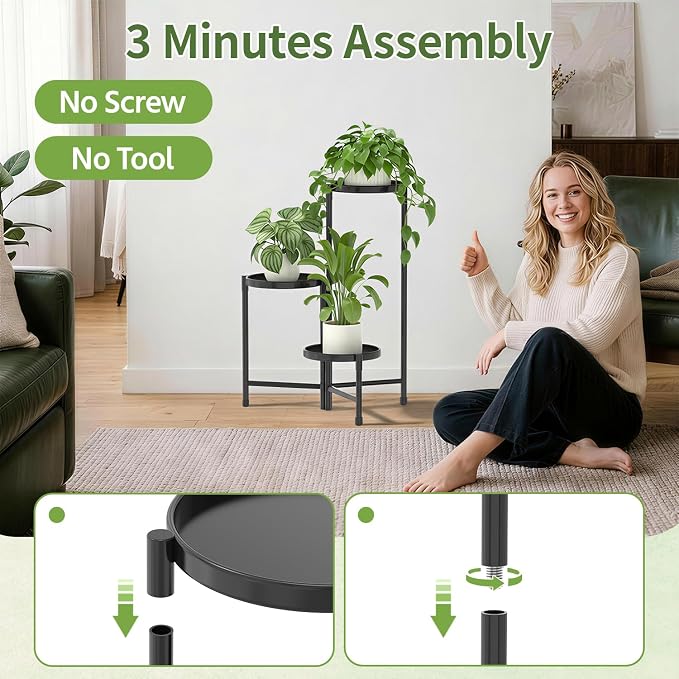 LASZOLA 3 Tier Large Plant Stand Indoor Tall with 10 Inch Metal Tray, Corner Folding Flower Display Rack, Modern Plant Holder Shelf for Outdoor Patio Porch Garden Office Living Room, Black