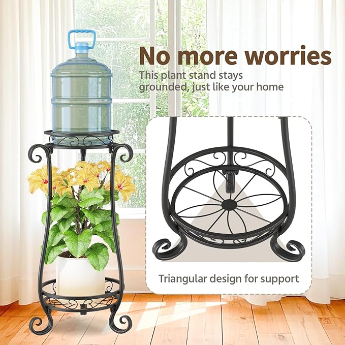 LASZOLA 2 Tier Black Metal Plant Stand for Multiple Large Planters Indoor Outdoor Organizer, Heavy Duty Tall Flower Stand for Corner Patio Bathroom Office, Modern Sturdy Vertical Iron Rack, Cat Proof