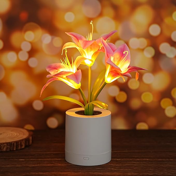 WSYEAR Pink Morning Glory Flowers Table Lamp, Charging Dimmable Cordless Artificial Flower Night Light, Bedroom Office Decor Night Light, Christmas Birthday Gifts for Women Mom