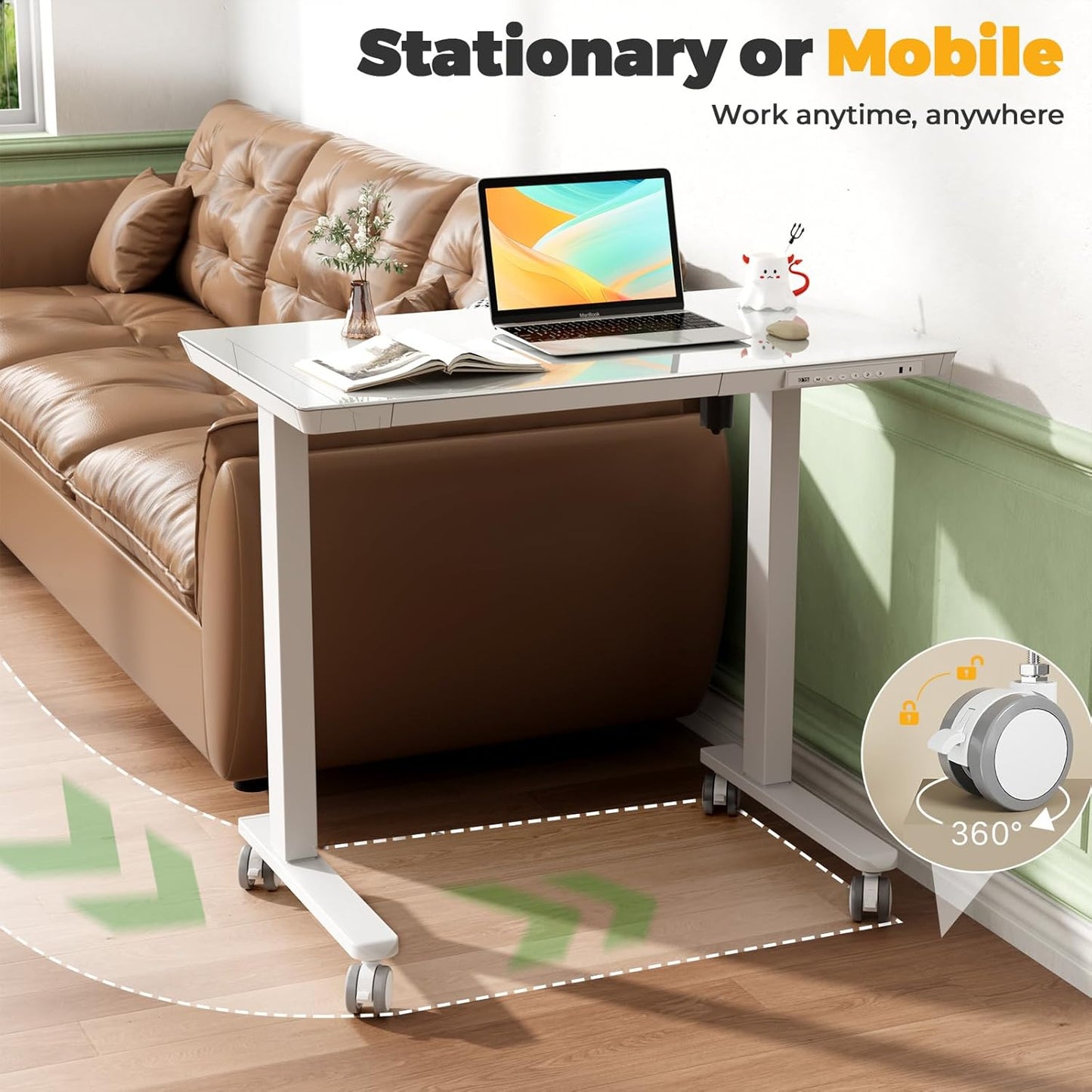 Skiennix Glass Electric Standing Desk - Height Adjustable with Drawer & USB Ports | 35" x 20" White