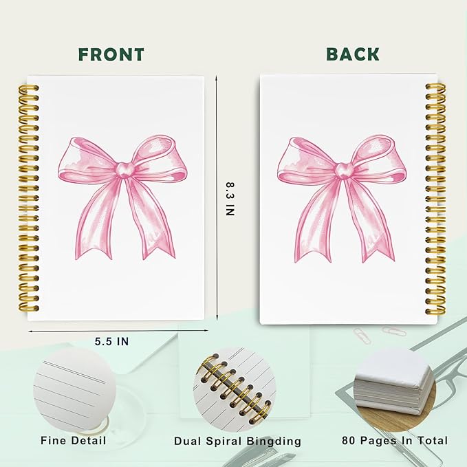 JKBMN Trendy Coquette Pink Bow Jonrnaling Notebooks, Preppy Aesthetic Spiral Notebook for Girl, Cute Pink Notebook Journal, Pink Office Supplies, Hardcover Spiral Notebooks College Ruled 5.5 x 8.3