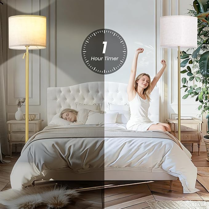 Modern Floor Lamp for Living Room and Bedroom- 55"-67" Height Adjustable Standing Lamps with Dimmable LED Bulb and Remote Control-Bright Tall Stand Light with Shade for Corner Lighting （Gold）