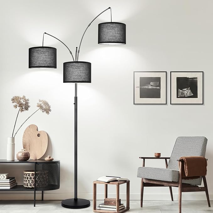 Dimmable Floor Lamp, 3 Light Arc Floor Lamp, Modern Tall Standing Tree Lamp with Black Shades & Heavy Base, 3000LM Cool White LED Bulbs, Bright Lighting for Living Room, Bedroom, Office & Reading