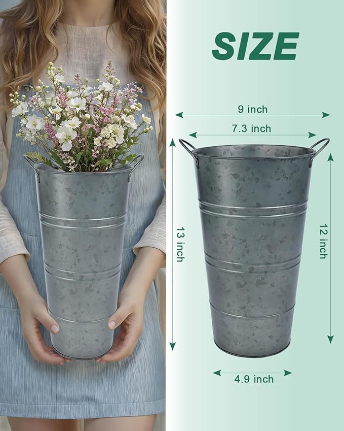 12 Inch Galvanized Metal Vases for Flowers - 2 Pcs Farmhouse Decorative Tall Flower Bucket with Handles, Rustic French Tin Planter Buckets for Wedding Decor (Galvanized Black)