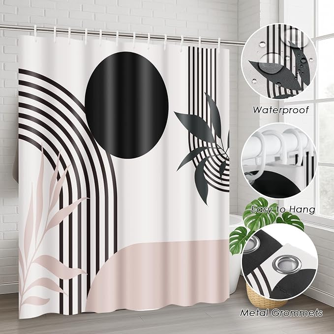 Boho Mid Century Shower Curtain Set with Toilet Lid Cover and Non-Slip Rugs, Abstract Pink Black 4 Pcs Modern Minimalist Shower Curtain for Bathroom Set with 12 Hooks