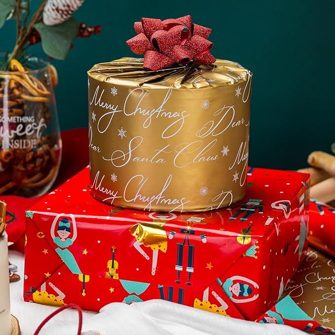 MAYPLUSS Red Christmas Wrapping Paper Roll - 17IN X 33FT - Christmas Nutcracker Gift Wrapping Paper Featuring Ballet Guitar Gold Star Reversible Gold for Kids, Holiday, New Year